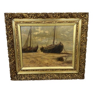 Coastal Boats Scene, Oil, Framed For Sale