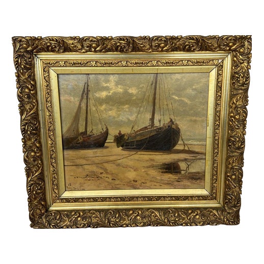 Coastal Boats Scene, Oil, Framed For Sale