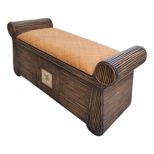 Vintage Wicker Brown Pencil Reed Tan Wicker Storage Flip Top Bench For Sale