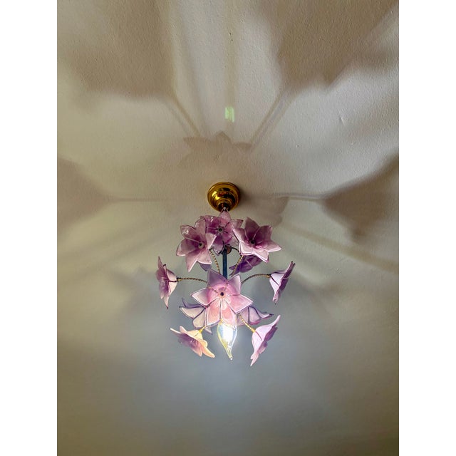 Italian Vintage Italian Murano Style Hand-Painted Pink Floral Pendant Light, Romantic Glass Blossom Chandelier, Dramatic Ceiling Shadow Display For Sale - Image 3 of 17
