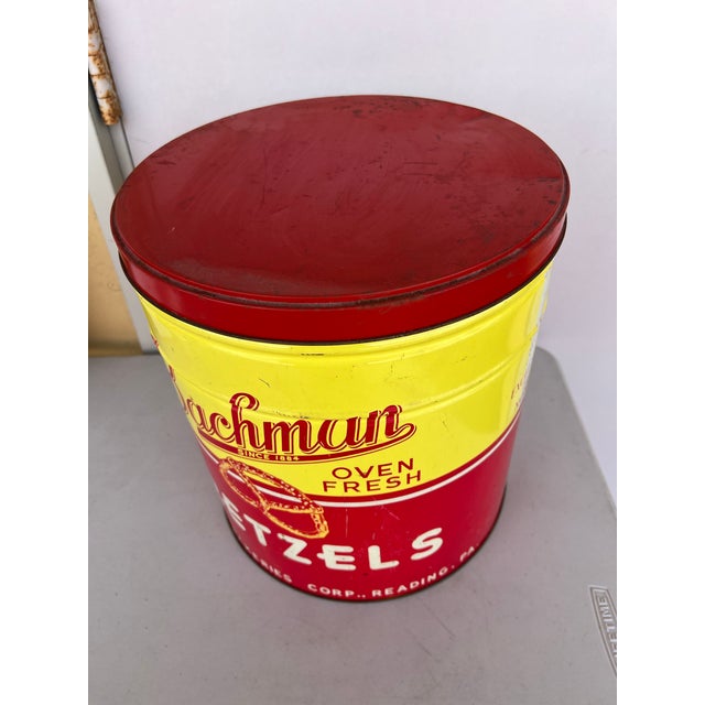 Large Vintage 1950s Red & Yellow Bachman Pretzel Tin For Sale - Image 4 of 6