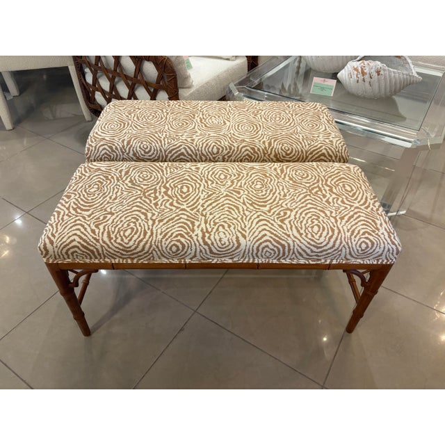 Vintage Faux Bamboo Wood Bench Newly Upholstered Quadrille Fabric For Sale - Image 9 of 12