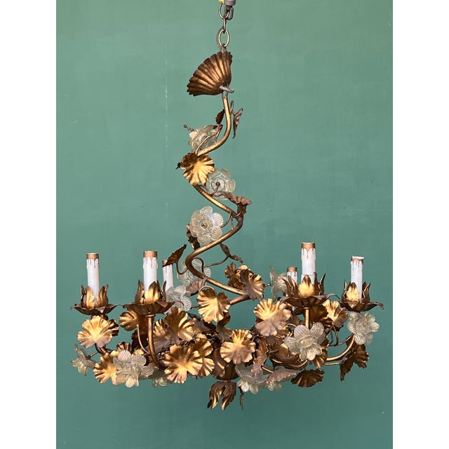 Hollywood Regency 1960s Hollywood Regency Gilt Metal and Glass Roses Chandelier, Italy For Sale - Image 3 of 18