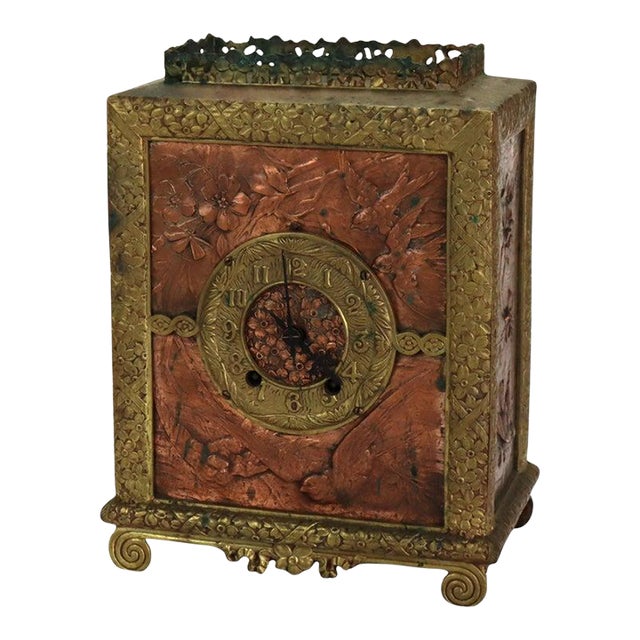 Aesthetic Mixed Metal Bronze & Copper Figural & Floral Mantle Clock C1880 For Sale