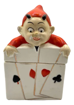 German Mid-Century Ceramic Devil Card/Tobacco Case W/ Lid