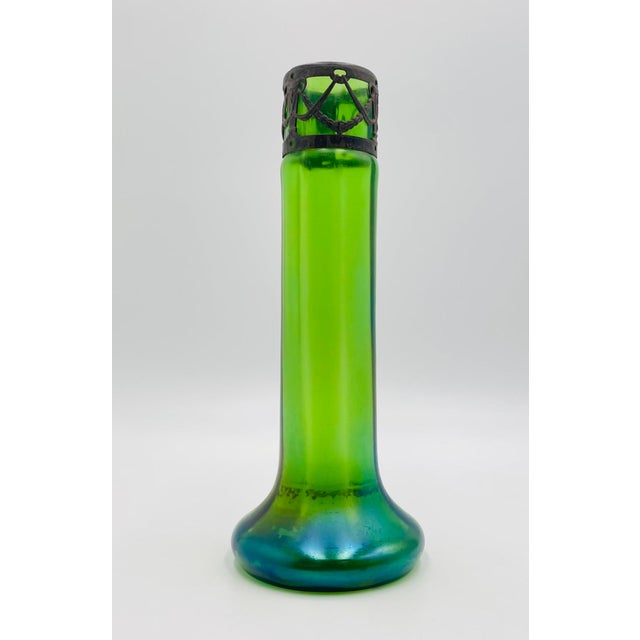 Art Deco Early 20th Century Iridescent Green Glass Vase With Decorative Metal Insert For Sale - Image 3 of 17