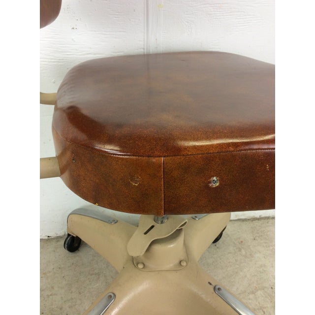 Mid Century Industrial Office Chair With Vintage Upholstery and Wheeled Base For Sale - Image 12 of 12