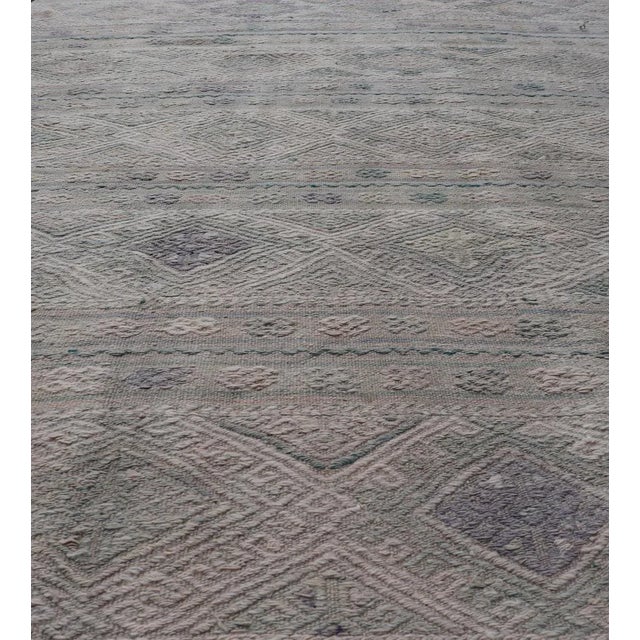 Traditional Mid 20th Century Vintage Turkish Flat-Weave Kilim With Stripes and Embroideries With Gray-Green For Sale - Image 3 of 12