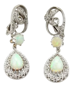 Diamonds & Fire Opal 14k Gold Drop Dangle Clip on Earrings, 2 Pieces
