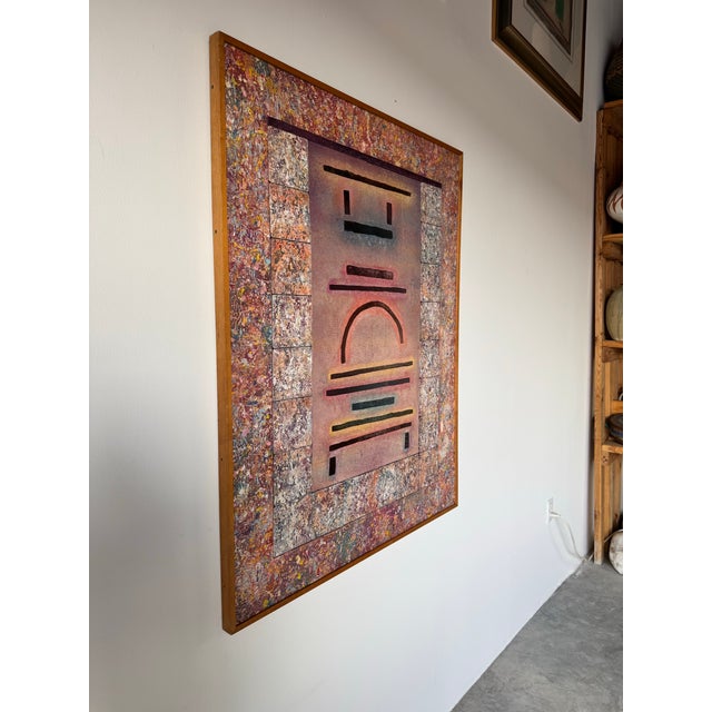 Abstract 1982 Vintage Abstract Modernist Mixed Media Painting – Geometric & Textured Composition, Signed For Sale - Image 3 of 12
