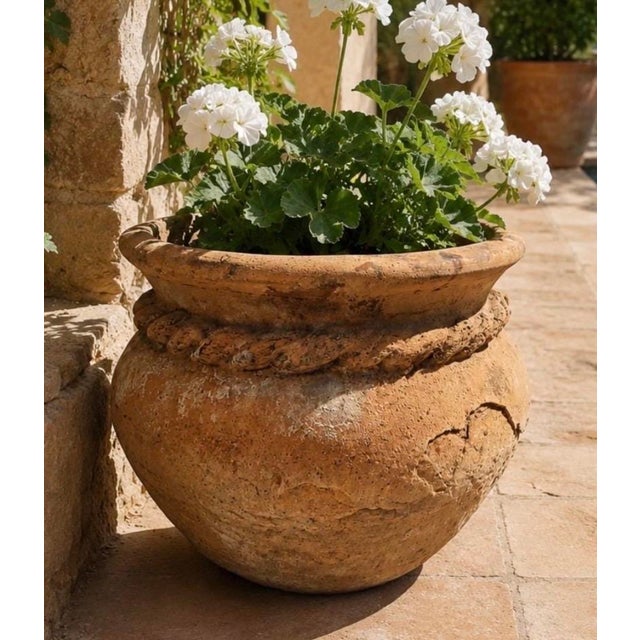 Vintage Terracotta Planter with Rope Detail, Rustic Garden Pot, Mediterranean Style Outdoor Planter, Drainage Hole Bring...