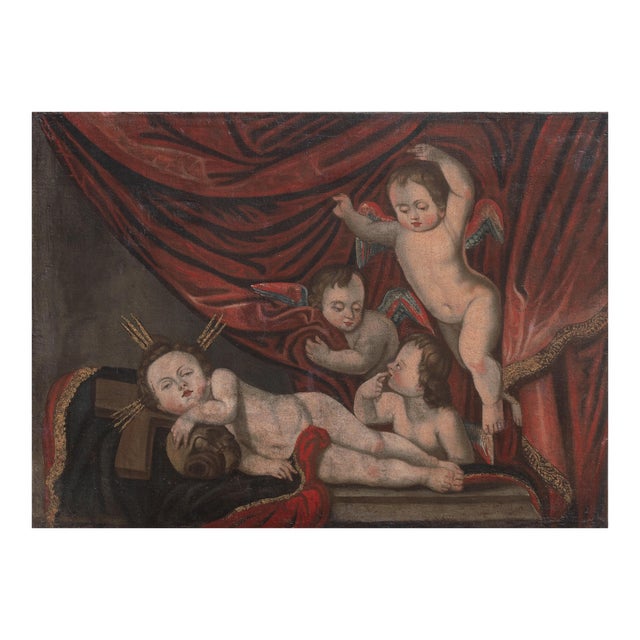 'Cherubs Playing', 18th Century Italian School, Angels, Amorini, Memento Mori, Naive, Baroque Religious Oil For Sale