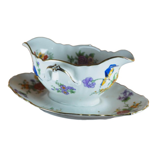 Early 20th French Limoges Sauce Boat With Kingfisher and Flower Decoration For Sale