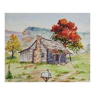 Small Rustic Log Cabin Watercolor Painting For Sale