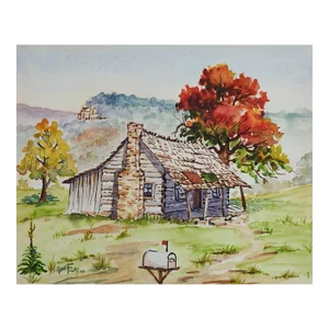 Small Rustic Log Cabin Watercolor Painting