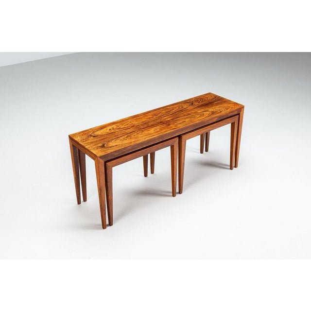 Beautiful large nesting tables, set of three designed by Severin Hansen for Haslev Møbelsnedkeri, Denmark, 1960. Crafted...