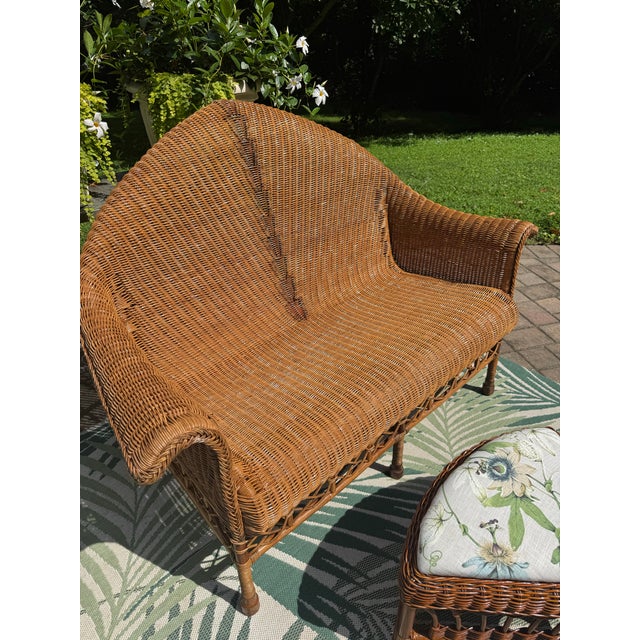 Rare Vintage Professionally Restored Wicker Rattan Cathedral Back Settee W Ottoman Brand New Upholstered Cushion and Accent Pillow Designer Fabrics For Sale - Image 4 of 10