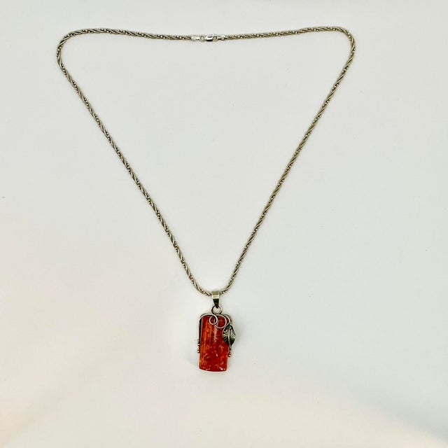 Metal 1970s Vintage Boho Chic Italian Art Nouveau Amber & Sterling Pendant Necklace, 22.5” For Sale - Image 7 of 15