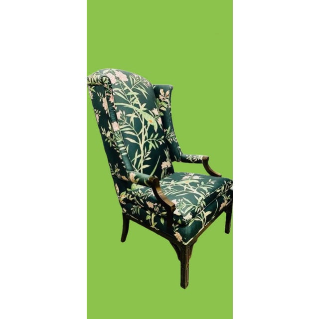 Wood Vintage Chinoiserie Wingback Chair With New Tropical Upholstery. For Sale - Image 7 of 11