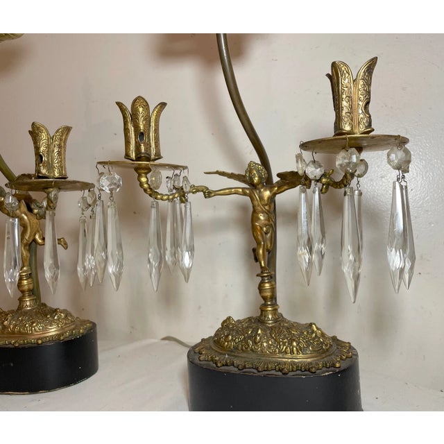 2 Antique Ornate Victorian Style Figural Bronze Wood Angel Cherub Table Lamps For Sale In New York - Image 6 of 12