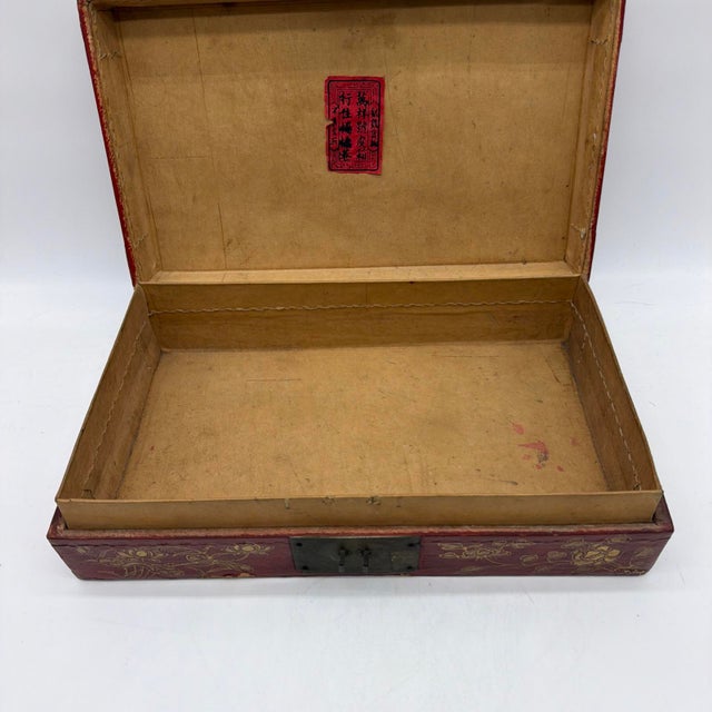 Vintage Chinese Gilt Red Lacquer Leather Document Box With Dragon & Phoenix For Sale - Image 9 of 14