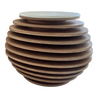 Morelato Sculptural Layered Ash Wood Side Table / Pouf With Leather Top – Italian Design For Sale