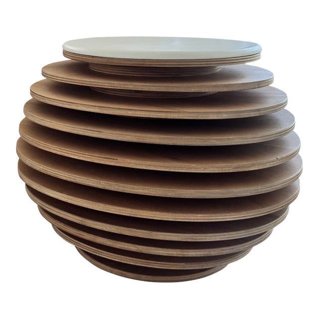 Morelato Sculptural Layered Ash Wood Side Table / Pouf With Leather Top – Italian Design For Sale