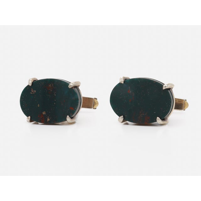 1990s Modern Gilt Sterling Silver & Bloodstone Cabochon Cufflinks For Sale - Image 5 of 10