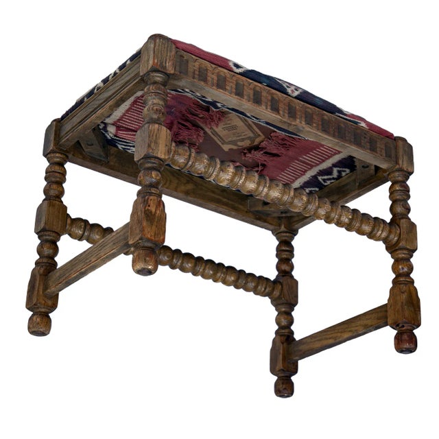 Textile 1920s Antique Wooden Bench With Antique Iktat Fabric For Sale - Image 7 of 9