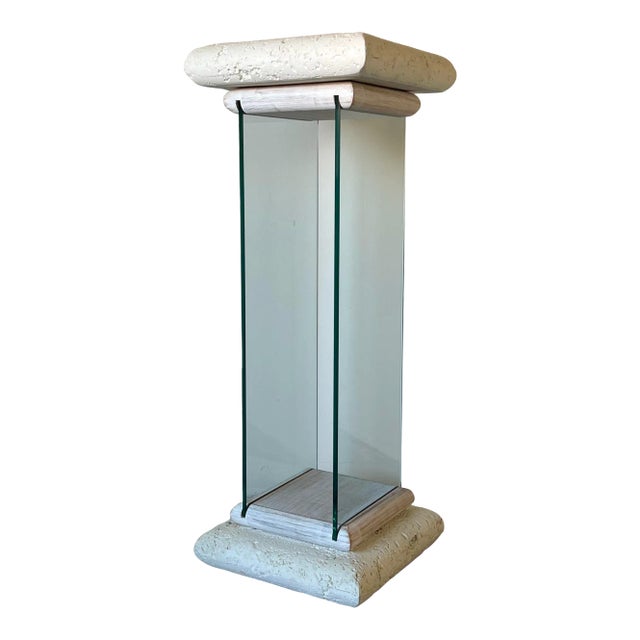 80's Postmodern Faux Stone and Glass Pedestal For Sale