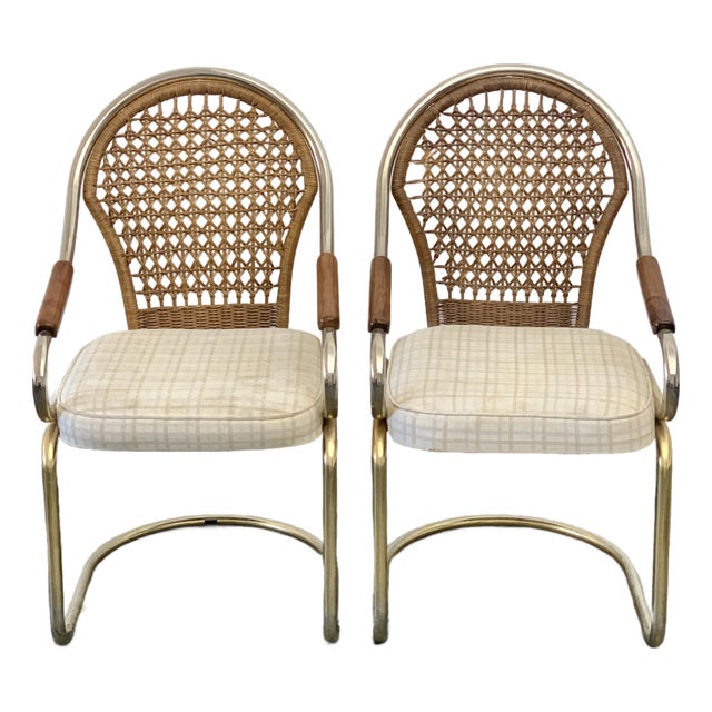 1970s Cantilever Chrome & Caned Arm Chairs - A Pair For Sale