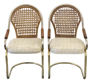 1970s Cantilever Chrome & Caned Arm Chairs - A Pair