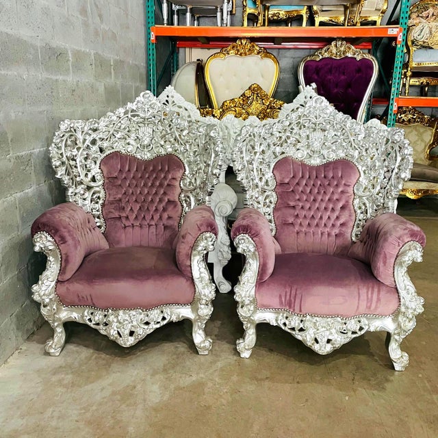 2020s Rococo Style Throne Chair Set of 2 – Purple Mauve Velvet With Silver Leaf Hand-Carved Frame For Sale - Image 5 of 6