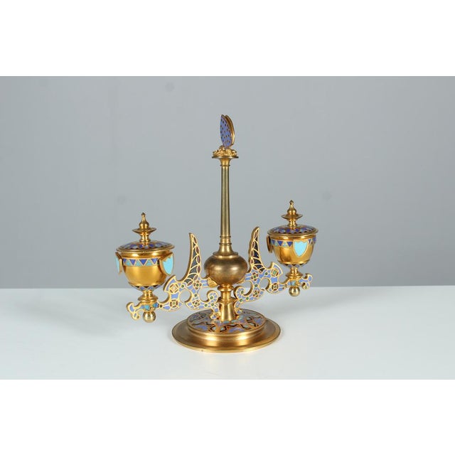 Antique Inkwell, Brass Enameled, Butterfly, Inkstand, France, 1880 For Sale - Image 14 of 15