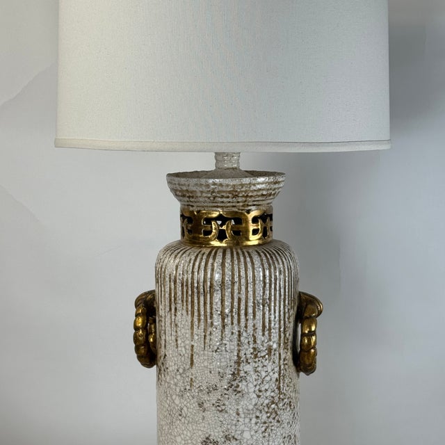 Cream Impressive Crackled Cream and Gilt Glazed Ceramic Lamp With Custom Linen Shade For Sale - Image 8 of 12