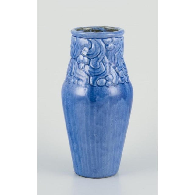 Svend Hammershøi for Kähler. Early and rare decorative ceramic vase. Glaze in shades of blue. with foliage ornamentation....