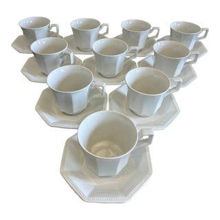 Vintage Johnson Brothers Heritage White Ironstone Cups & Saucers — Set of 10 For Sale