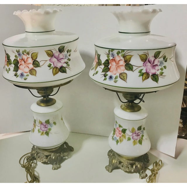 Stunning pair of 2 mid century large hurricane lamps. Meas: 28” tall, 14.5 Immaculate condition