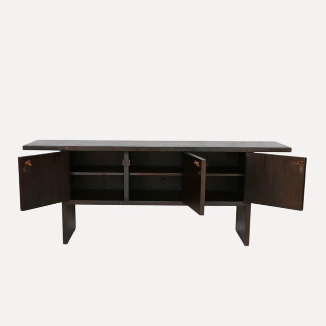 Large Dark-Stained Oak Sideboard with Overhanging Top and 3 Large Doors with Leather Straps, France, 1950s For Sale - Image 6 of 13