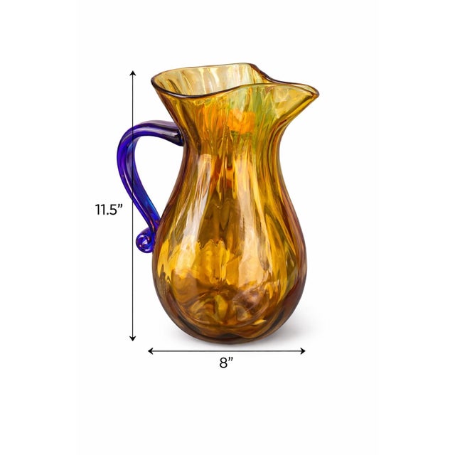 Late 20th Century Late 20th Century Amber Hand-Blown Art Glass Pitcher With Cobalt Blue Handle – Sculptural Mid-Century Style (11.5") For Sale - Image 5 of 5