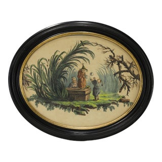 Vintage Pillement-Style Chinoiserie Art of Children Blowing Bubbles in Oval Frame For Sale