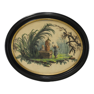 Vintage Pillement-Style Chinoiserie Art of Children Blowing Bubbles in Oval Frame