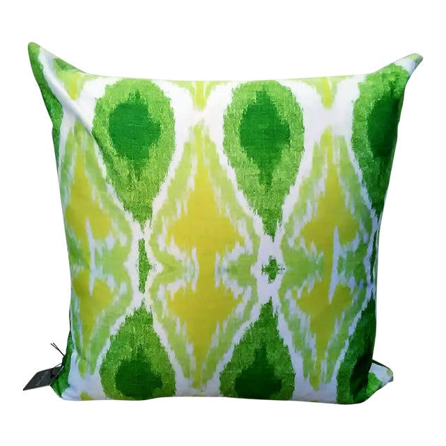 Contemporary Ikat White-Yellow-Green Decorative Pillow Cover- 22" For Sale