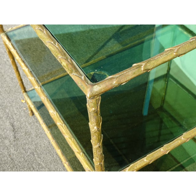 Pair of Vintage Three Tier Brass Bronze Side Tables W Etched Leaf Frames For Sale - Image 12 of 18