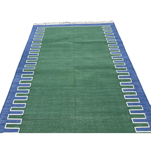 Handmade Cotton Vegetable Dyed Rug, Forest Green, White and Blue Zig Zag Striped Dhurrie-9'x12' For Sale - Image 6 of 12