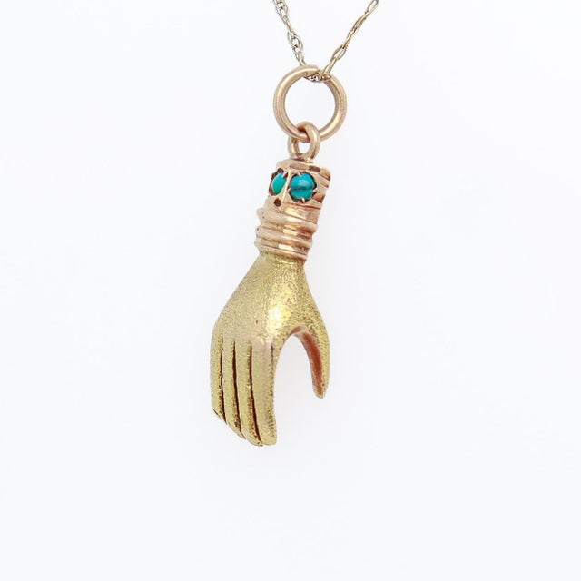 Vintage 14k Gold & Turquoise Cabochon Figural Hand Charm For Sale - Image 4 of 12