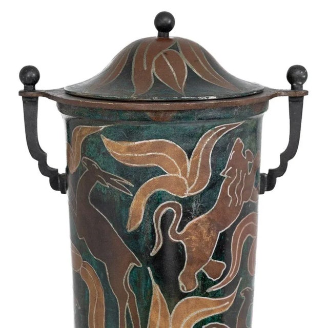 Art Deco French Patinated Copper Two Handle Covered Vase For Sale - Image 3 of 7