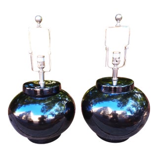 A Near Pair of Black Ralph Lauren Glazed Pottery Lamps With Nickel Hardware For Sale