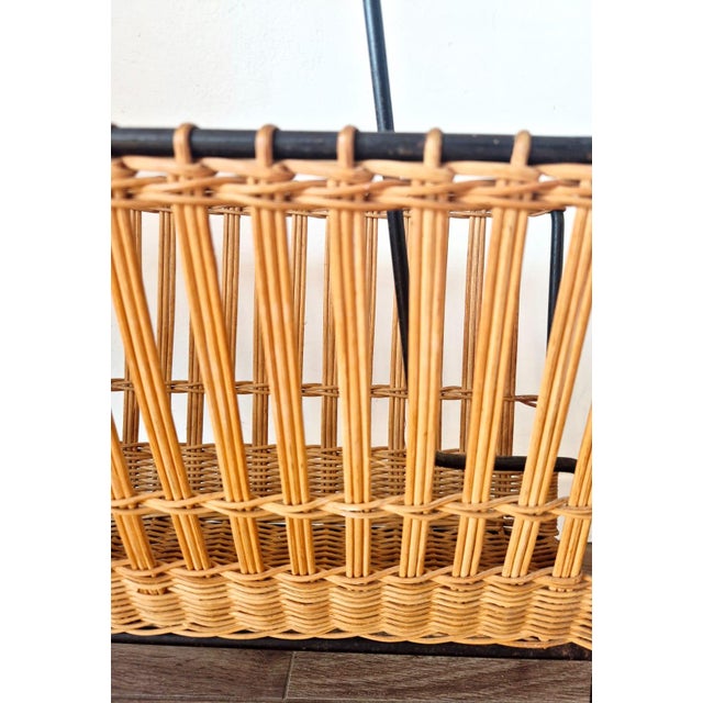 Mid-Century Modern Woven Rattan and Black Wrought Iron Magazine Rack, 1950s For Sale - Image 6 of 12