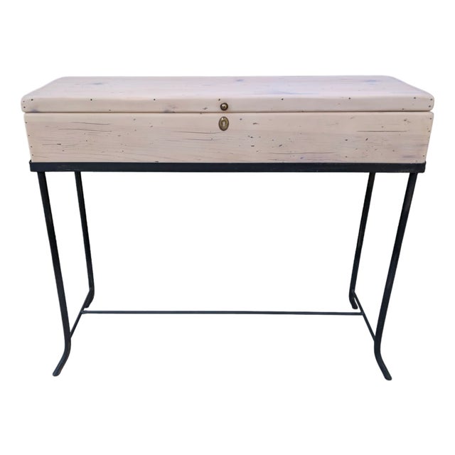 Vintage Pickled Wood and Black Metal Console Table With Trunk Storage For Sale